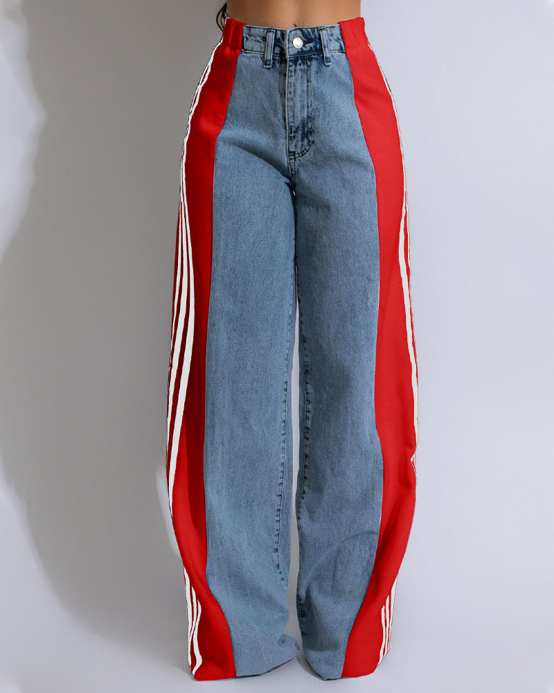 Fashion Striped Colorblock Wide-leg Jeans