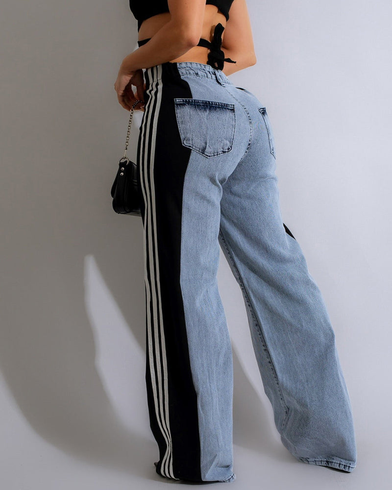 Fashion Striped Colorblock Wide-leg Jeans