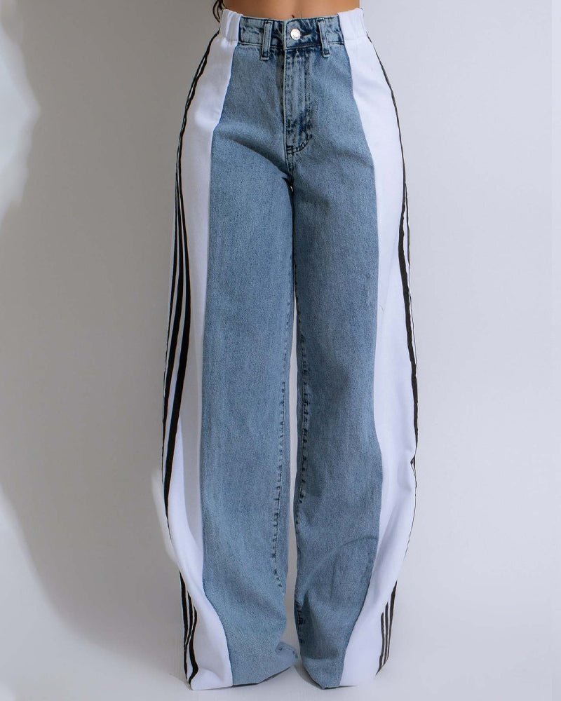 Fashion Striped Colorblock Wide-leg Jeans