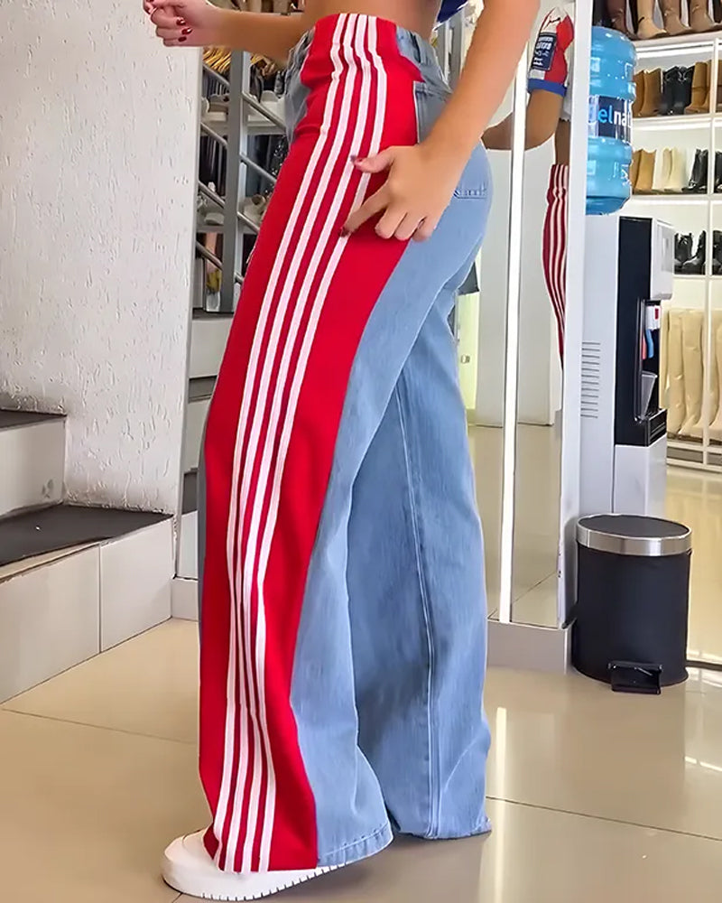 Fashion Striped Colorblock Wide-leg Jeans