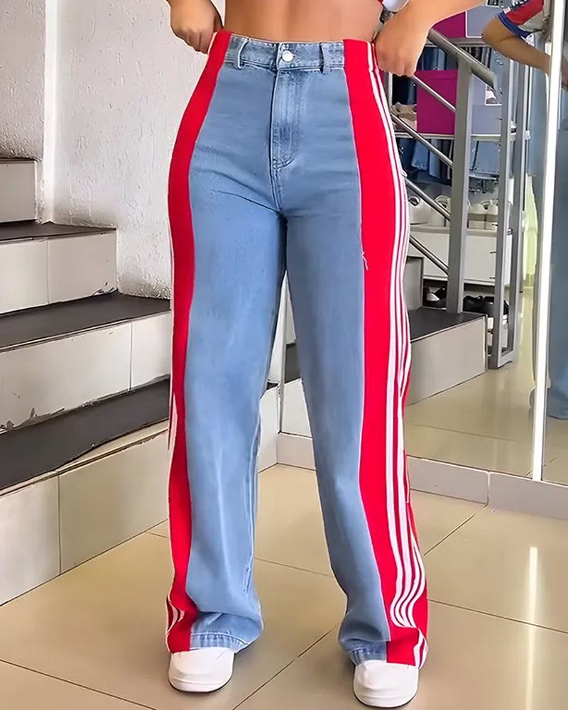 Fashion Striped Colorblock Wide-leg Jeans
