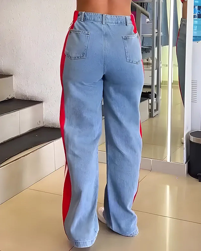 Fashion Striped Colorblock Wide-leg Jeans