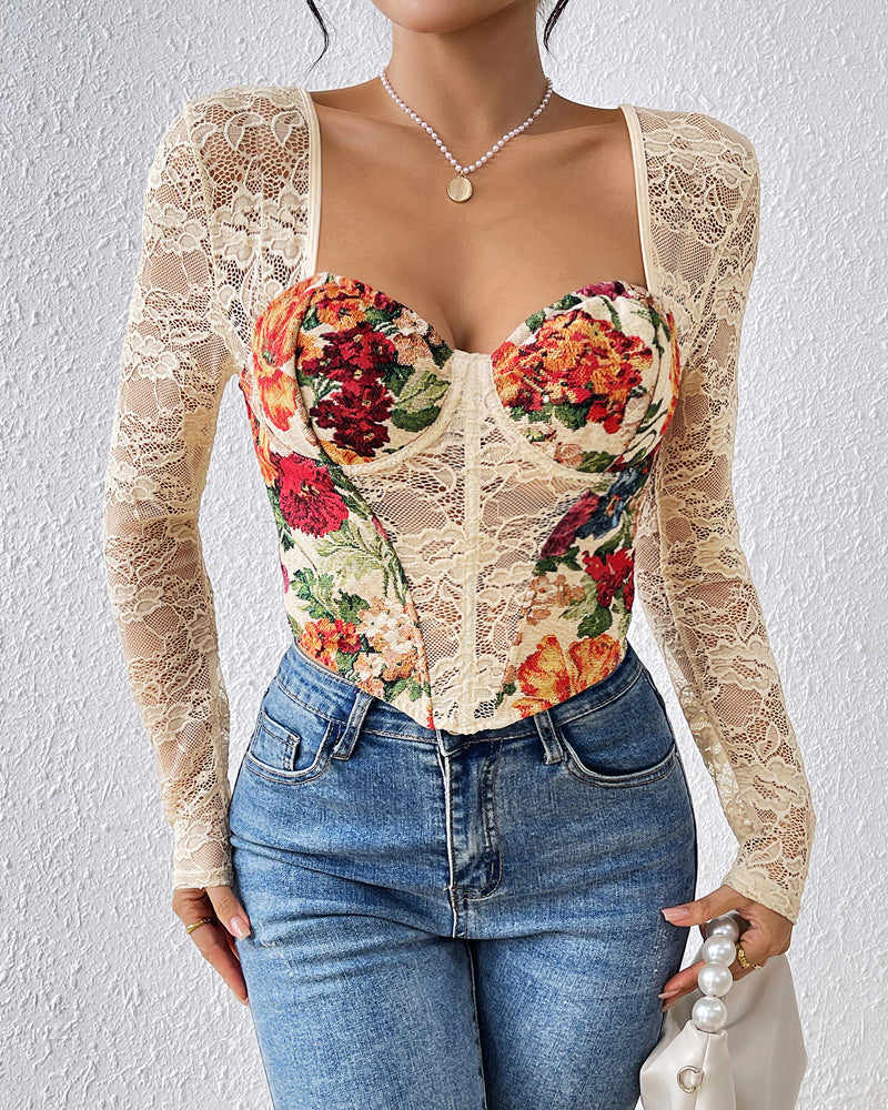 Retro Square Neck Floral Lace Panel Long Sleeve Top