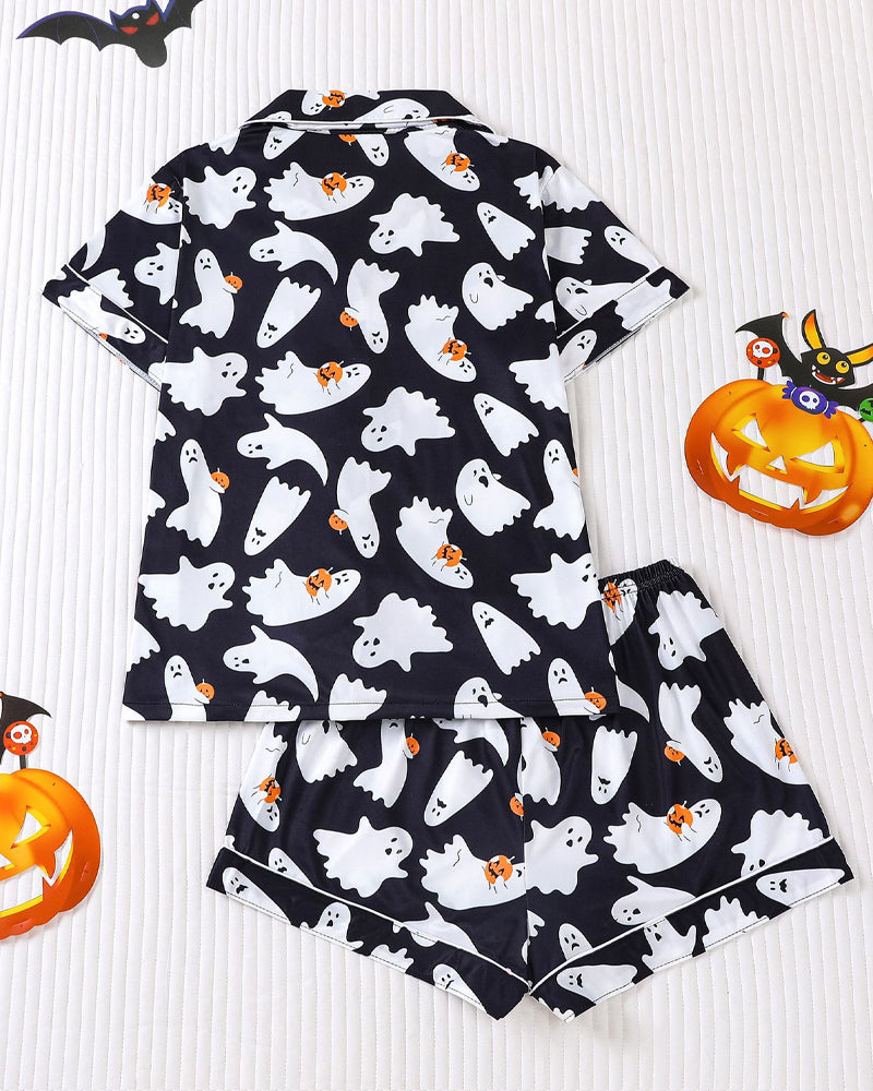 Halloween Fun Print Lapel Short-sleeved Shorts Casual Home Wear Suit