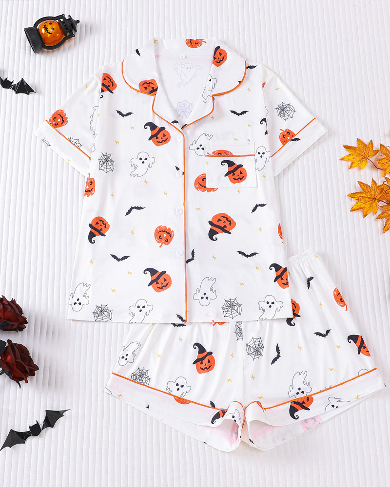 Halloween Print Lapel Short-Sleeved Shorts Casual Homewear Set