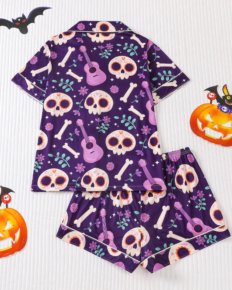 Halloween Print Lapel Short-Sleeved Shorts Casual Homewear Set
