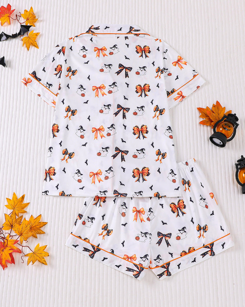 Casual Halloween Print Lapel Short-Sleeved Shorts Homewear Set
