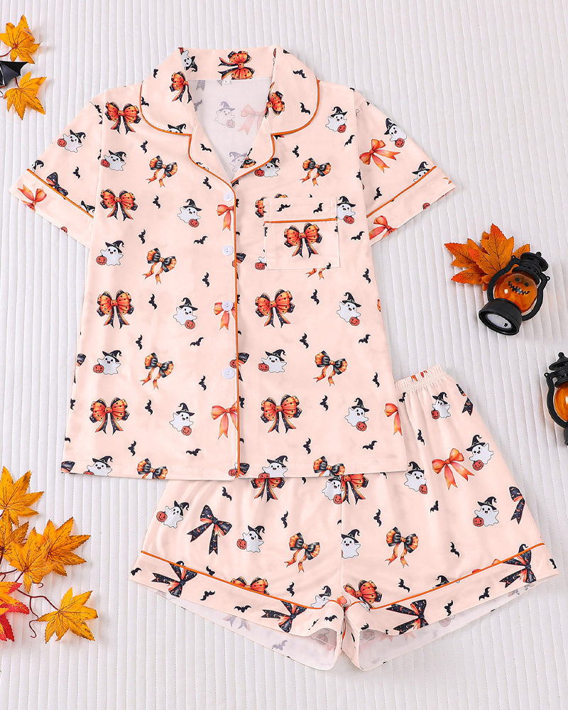 Casual Halloween Print Lapel Short-Sleeved Shorts Homewear Set