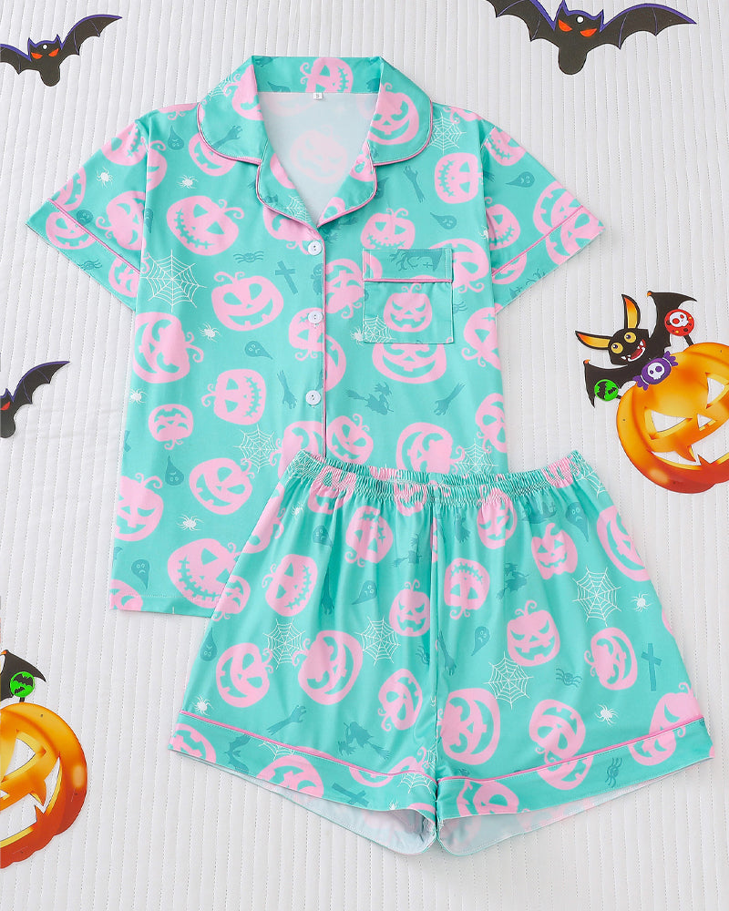 Casual Halloween Lapel Short-Sleeved Shorts Homewear Set