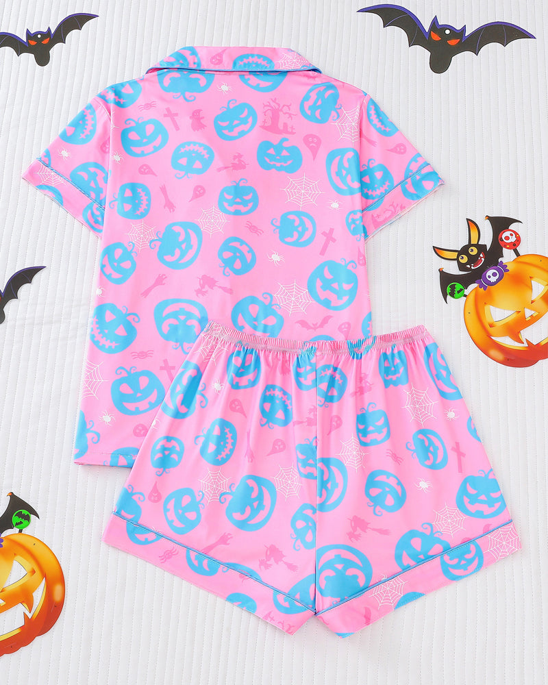 Casual Halloween Lapel Short-Sleeved Shorts Homewear Set