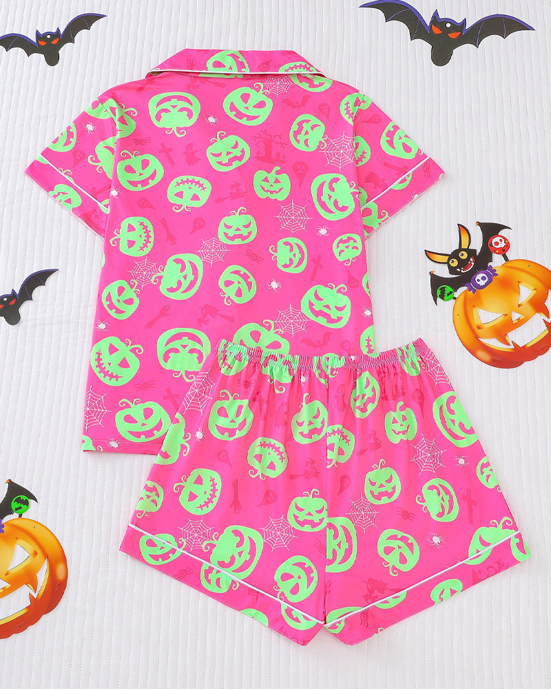 Casual Halloween Lapel Short-Sleeved Shorts Homewear Set