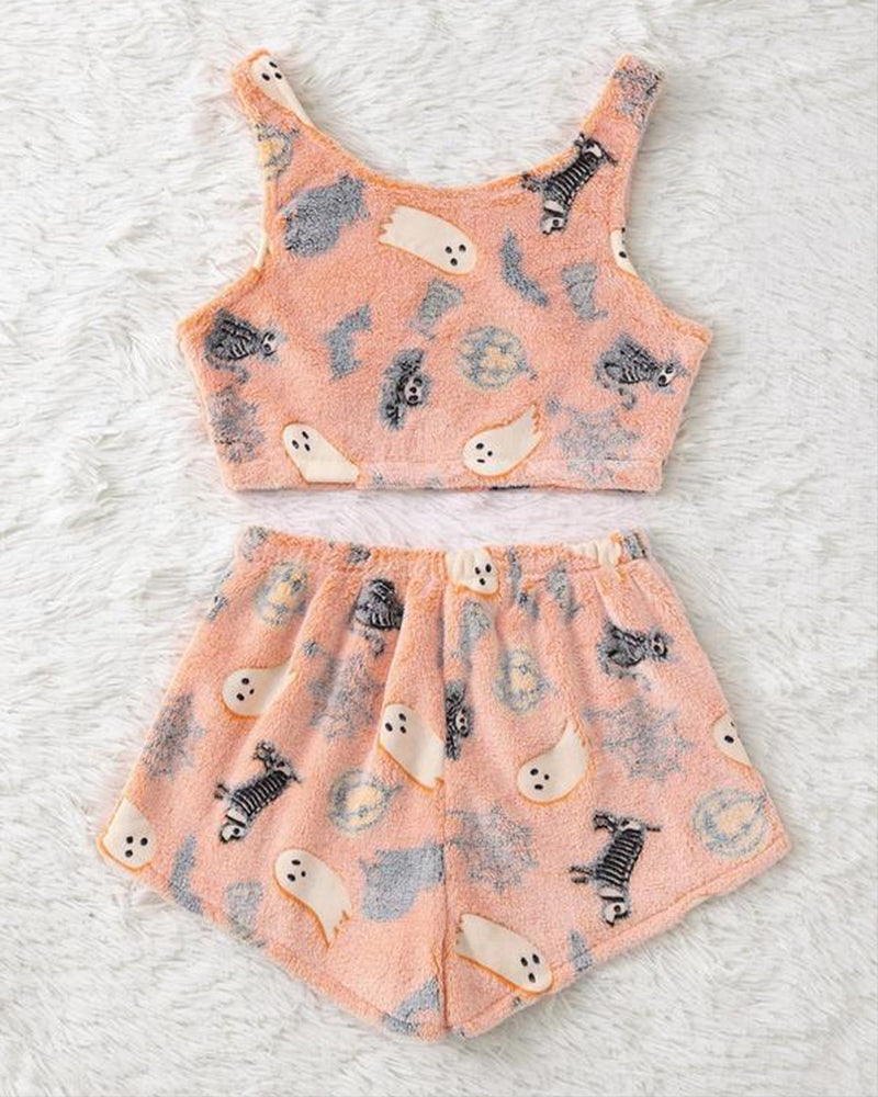 Halloween Flannel Luminous Pumpkin Ghost Print Vest and Elastic Waist Shorts Pajama Set