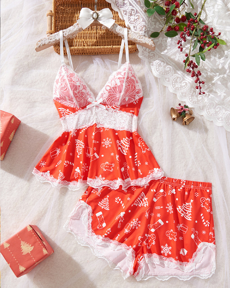 Sexy Halloween Print Lace Suspender and Shorts Loungewear Set