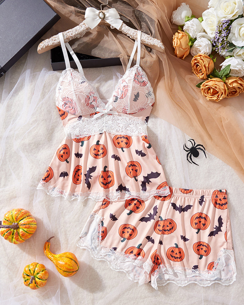 Sexy Halloween Print Lace Suspender and Shorts Loungewear Set