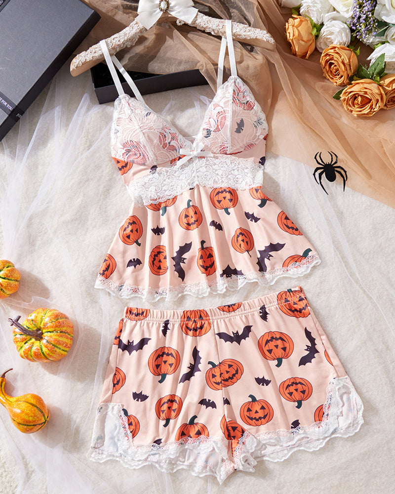Sexy Halloween Print Lace Suspender and Shorts Loungewear Set