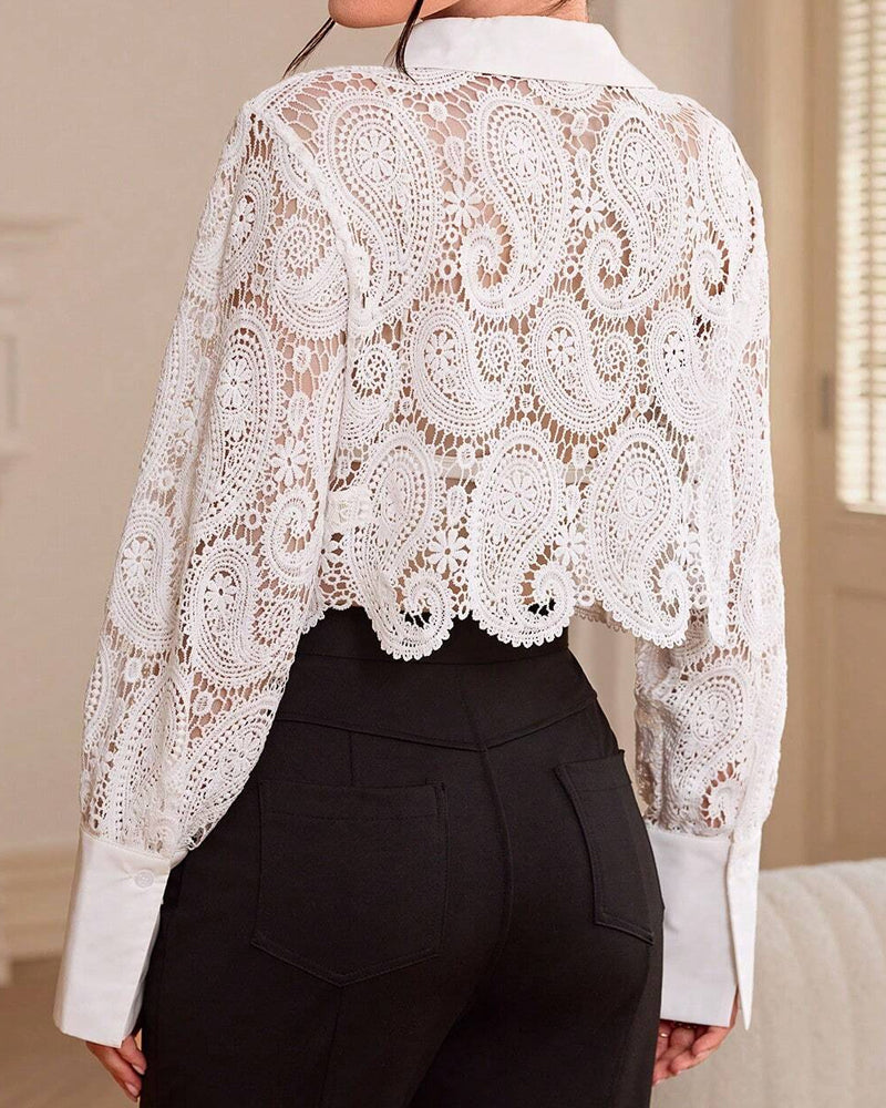 Women's Lapel Lace Hollow Asymmetrical Hem Short Long Sleeve Shirt