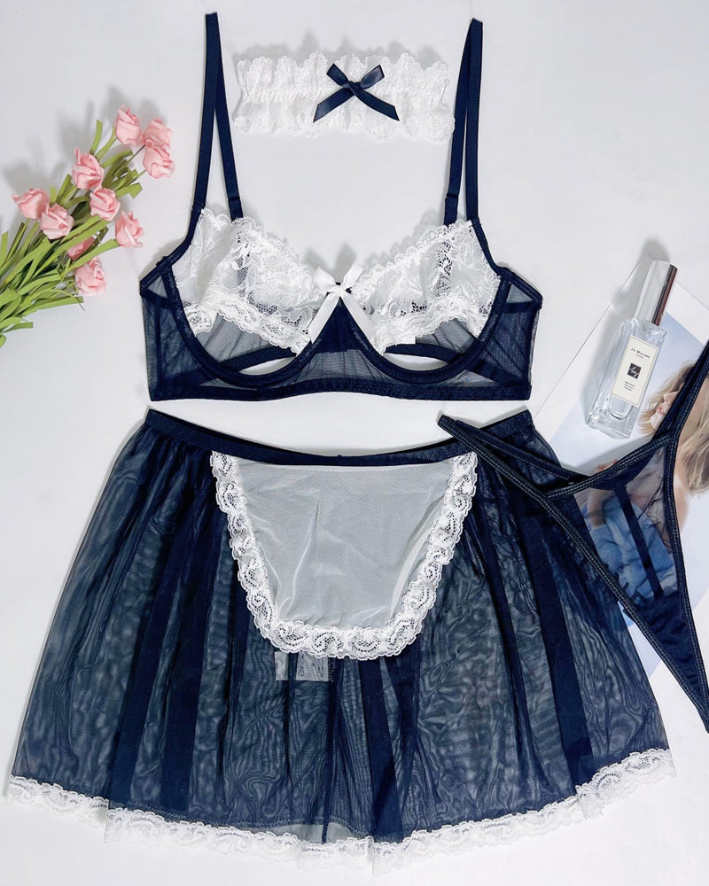Lace Mesh Stitching See-through Sexy Maid Uniform Suit