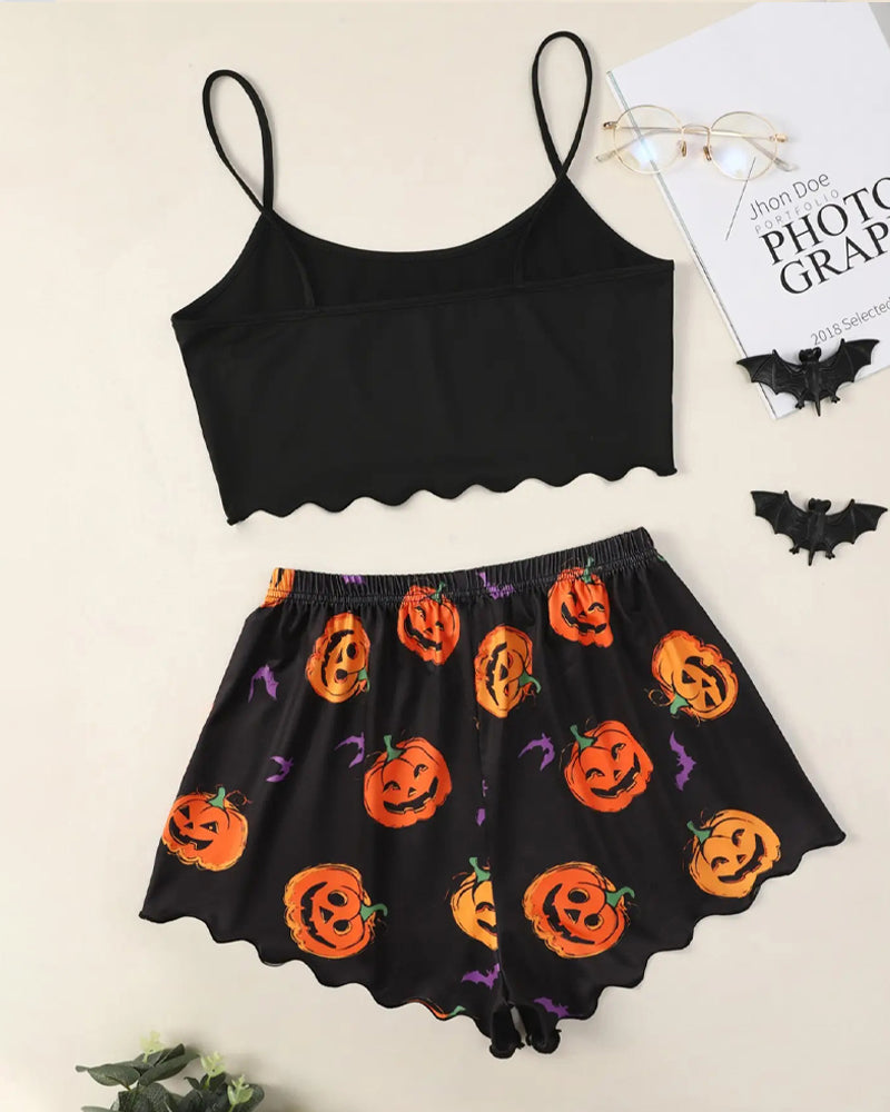 Halloween Fun Print Sleeveless Tank Top and Shorts Loungewear Set