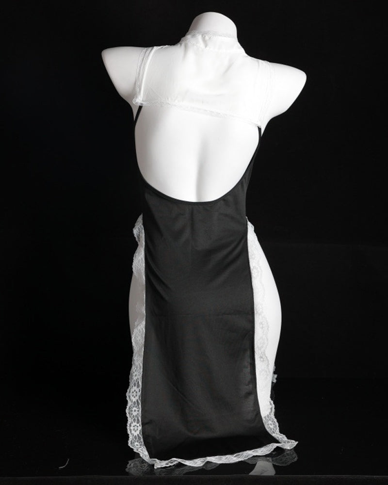 Halloween Sexy Nun Costume Role Play Hollow Slit Long Dress with Stockings Set