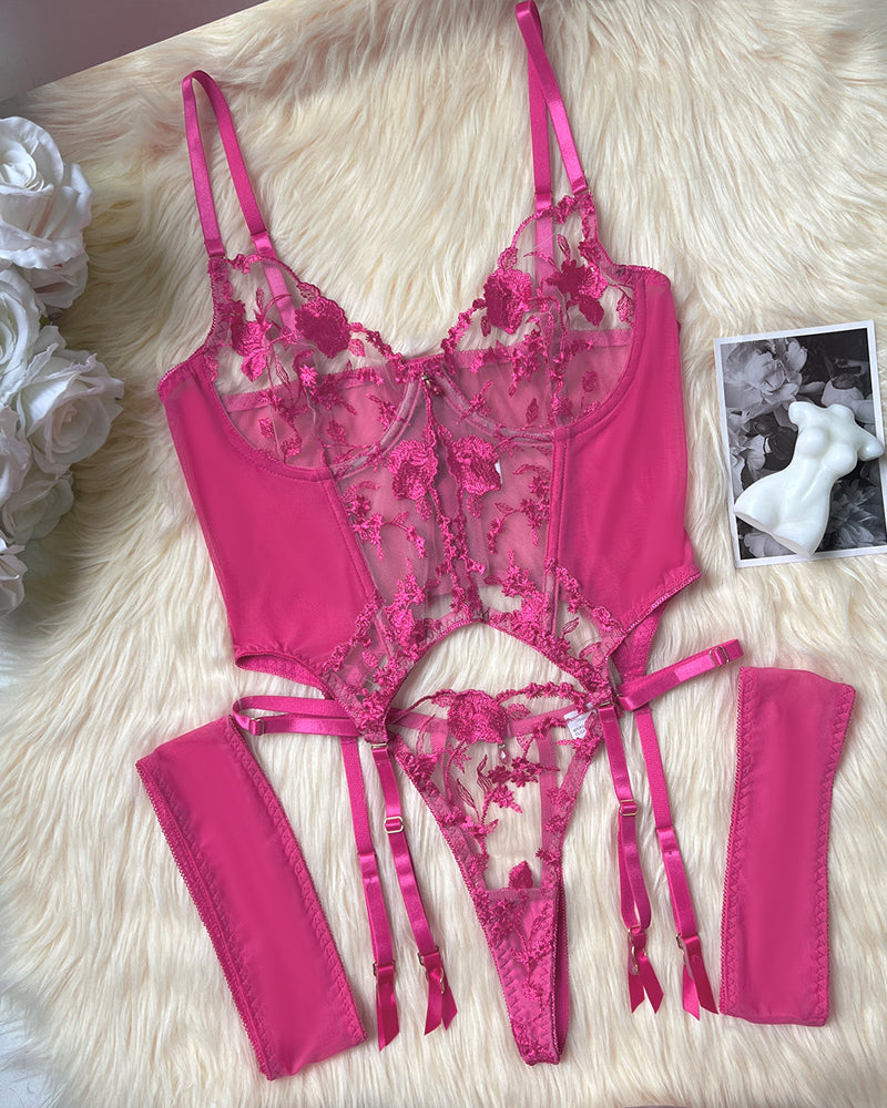 Sexy Mesh Flower Embroidered See-through Suit