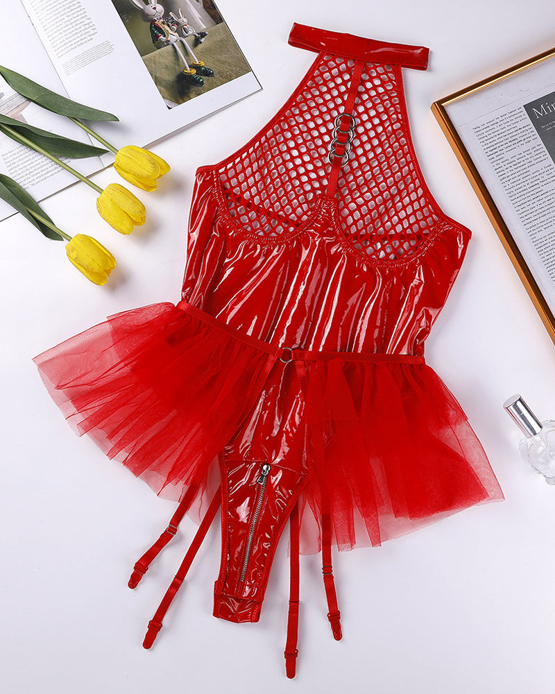 Sexy PU Patent Leather Halter Neck Hollow Mesh Skirt with Crotch Zipper Bodysuit