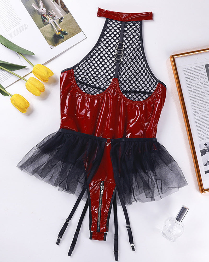 Sexy PU Patent Leather Halter Neck Hollow Mesh Skirt with Crotch Zipper Bodysuit