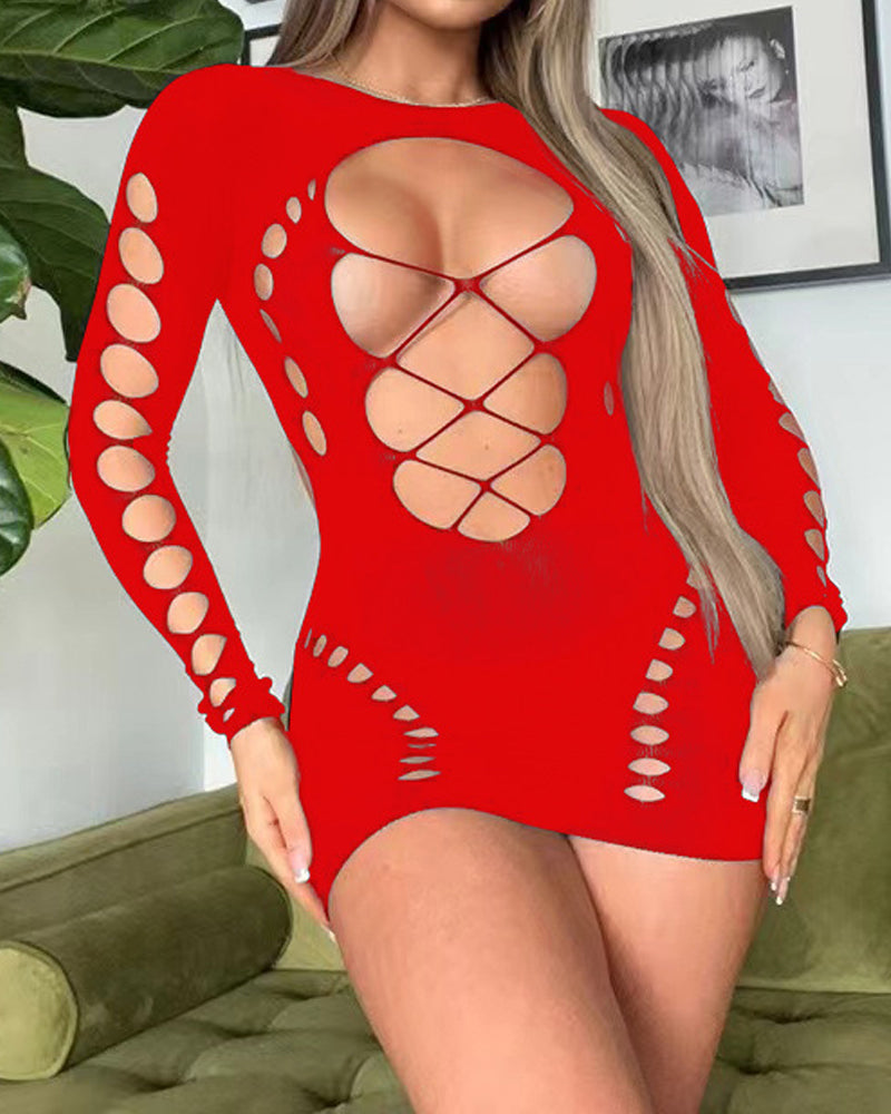 Sexy Fishnet Long-sleeved Backless Hollow Stretch Hip Dress