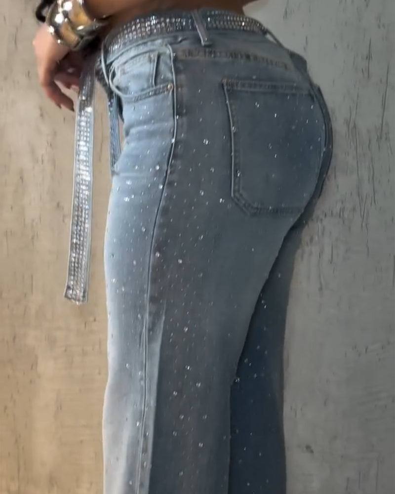 Diamond-Studded Vintage Washed Ribbon Straight-Leg Jeans