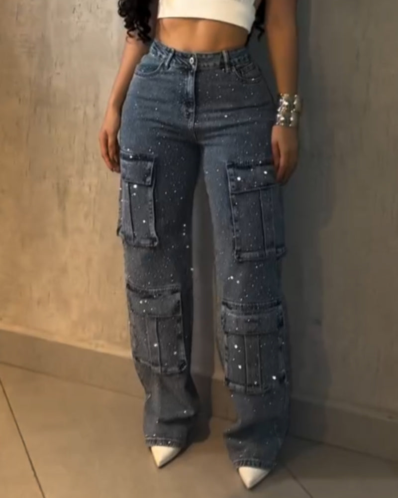 Multi-Pocket Diamond Casual Straight-Leg Jeans