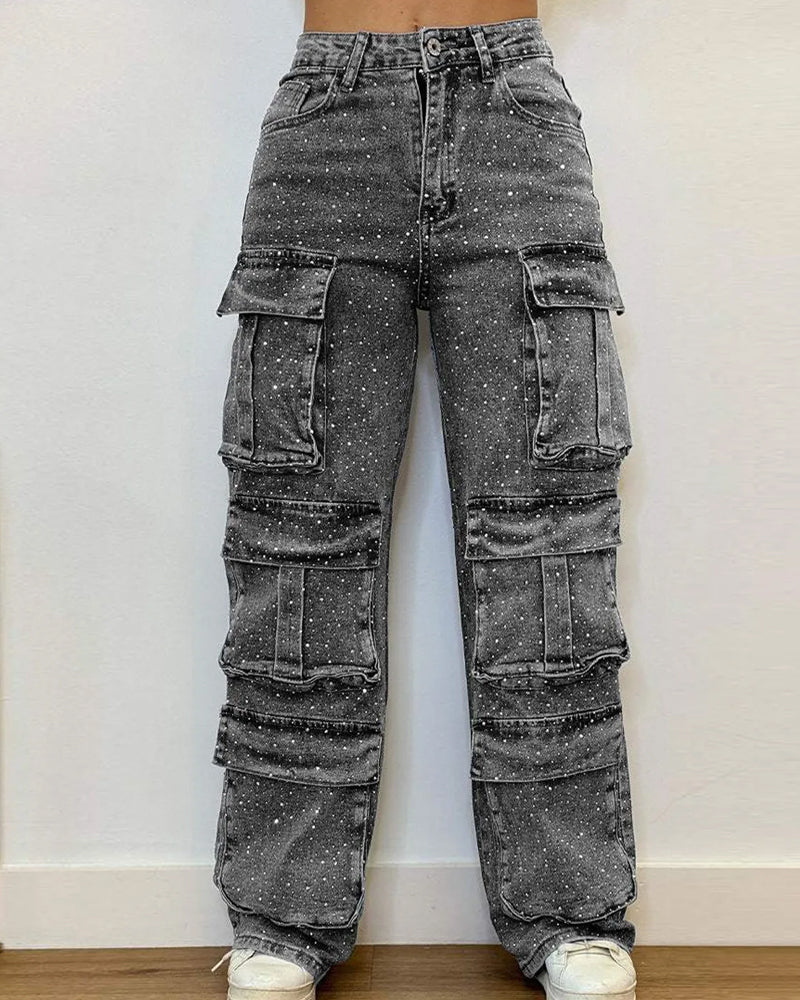 Multi-Pocket Diamond Casual Straight-Leg Jeans