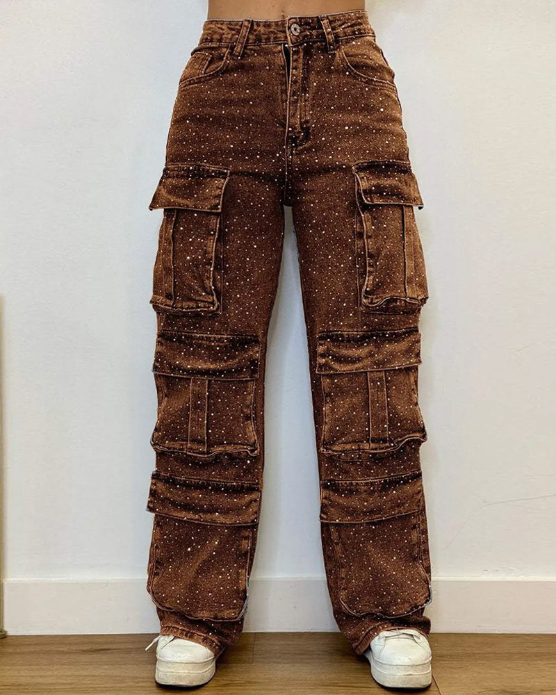 Multi-Pocket Diamond Casual Straight-Leg Jeans