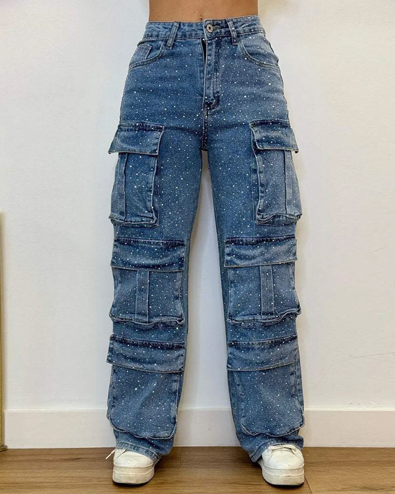 Multi-Pocket Diamond Casual Straight-Leg Jeans