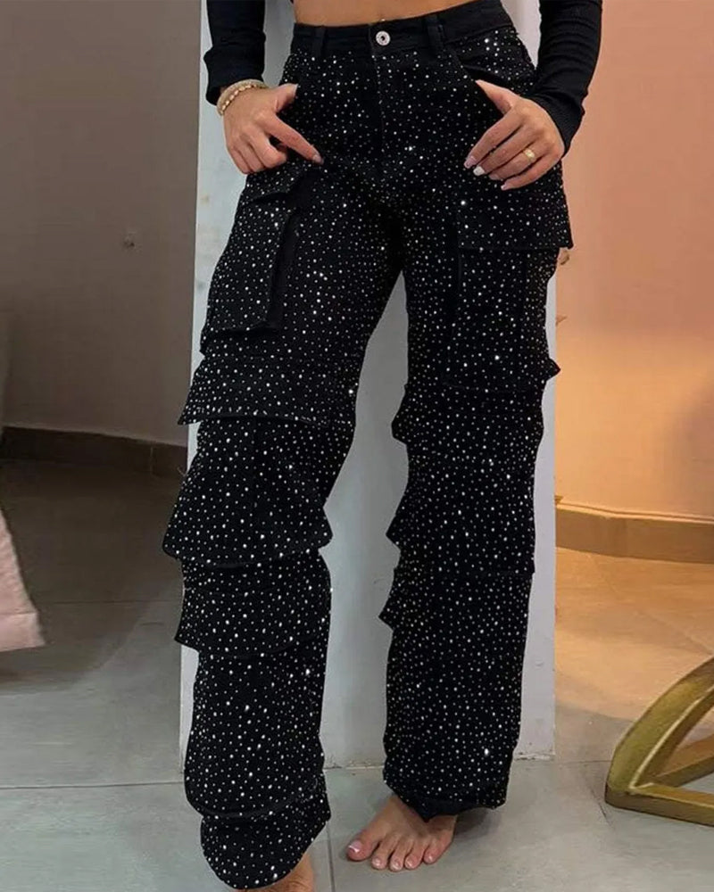 Multi-Pocket Diamond Casual Straight-Leg Jeans