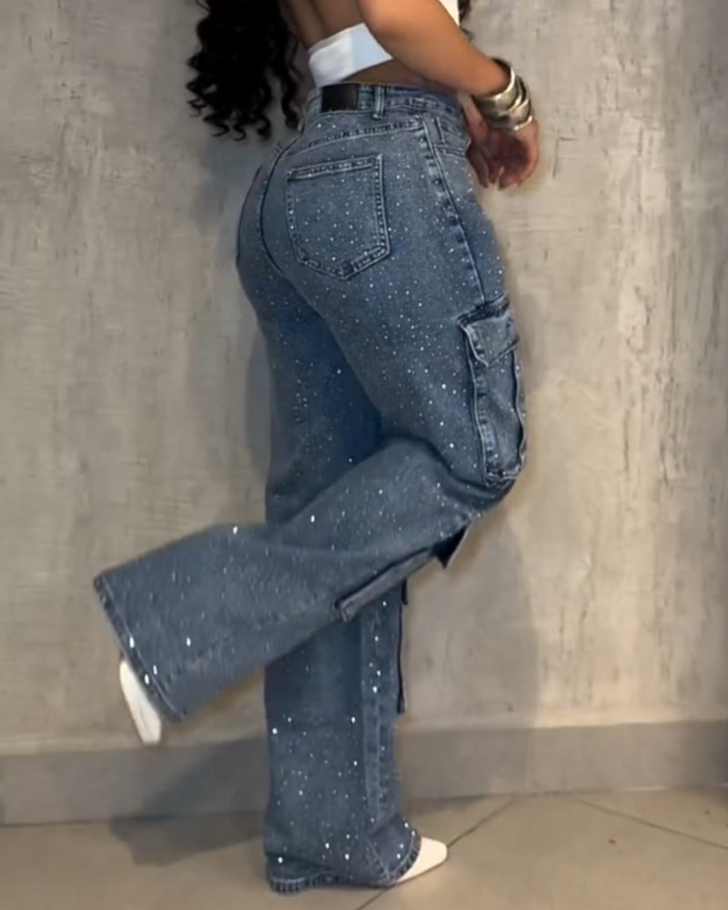 Multi-Pocket Diamond Casual Straight-Leg Jeans