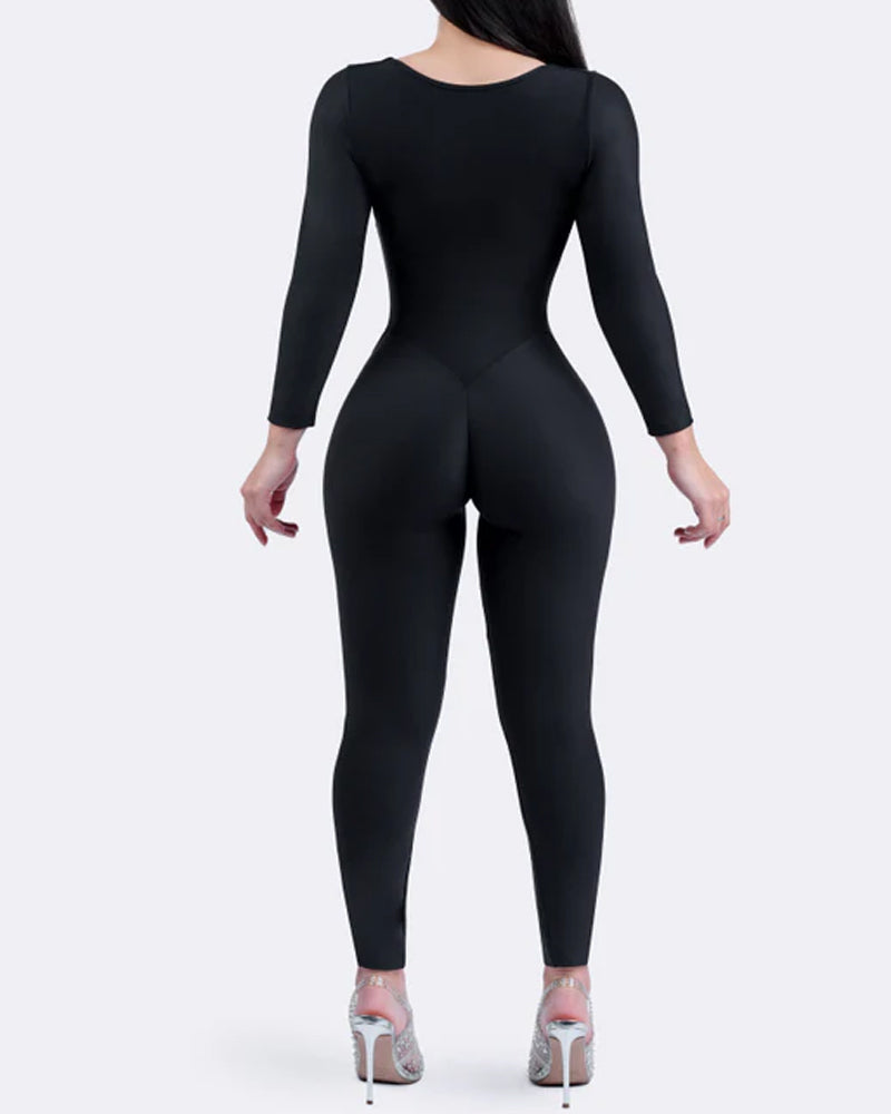 Double-layer Front Zipper Invisible Seamless Stretch Long-sleeved Long-pants Body-shaping Bodysuit