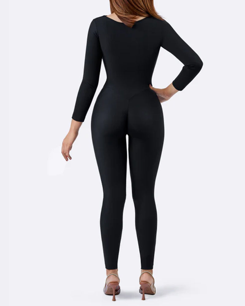 Double-layer Front Zipper Invisible Seamless Stretch Long-sleeved Long-pants Body-shaping Bodysuit
