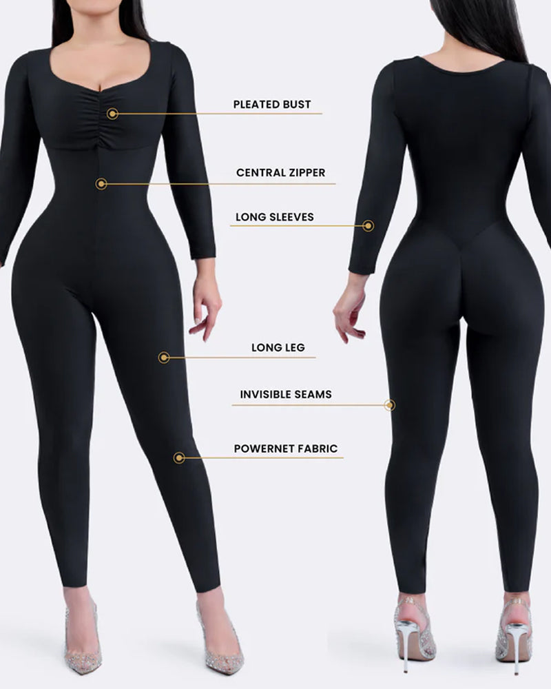 Double-layer Front Zipper Invisible Seamless Stretch Long-sleeved Long-pants Body-shaping Bodysuit