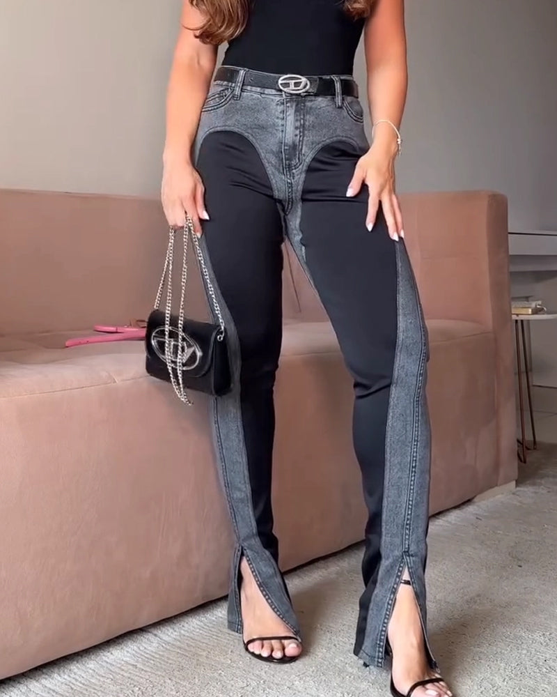 Colorblock Denim Pleated High-waist Jeans