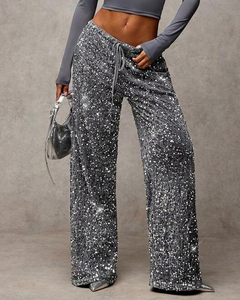 Women's Sequined Velvet Drawstring Loose Wide-Leg Straight Pants