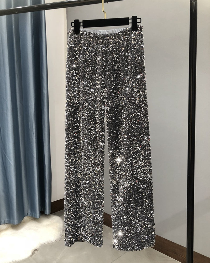 Women's Sequined Velvet Drawstring Loose Wide-Leg Straight Pants