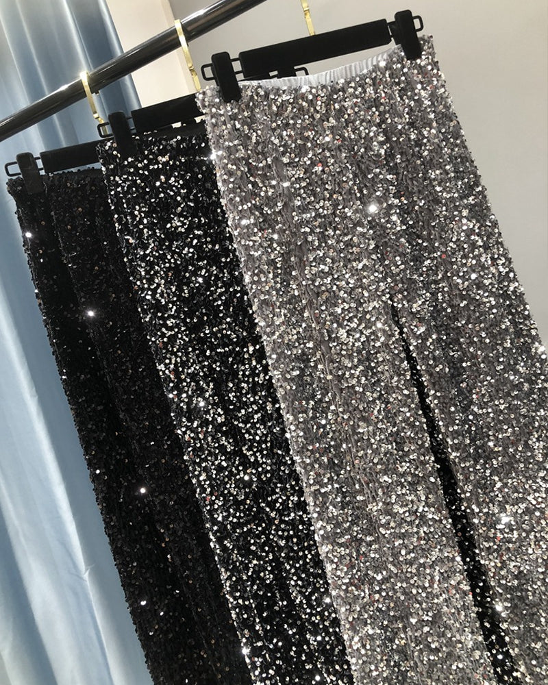Women's Sequined Velvet Drawstring Loose Wide-Leg Straight Pants