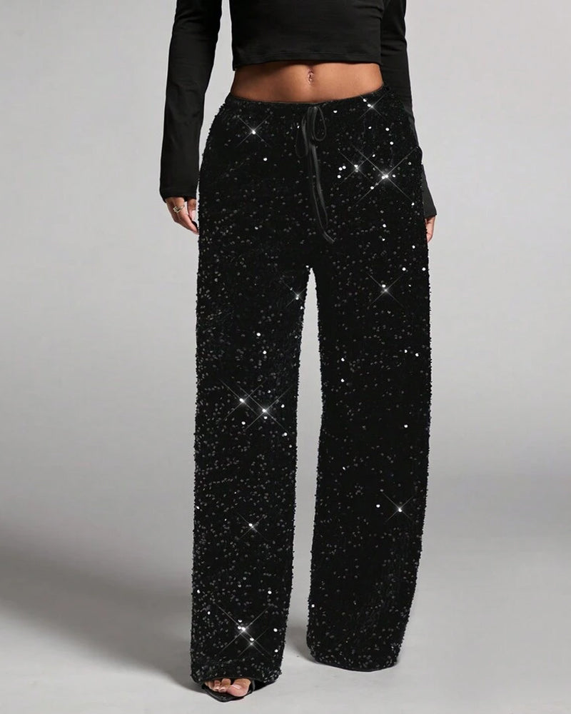 Women's Sequined Velvet Drawstring Loose Wide-Leg Straight Pants