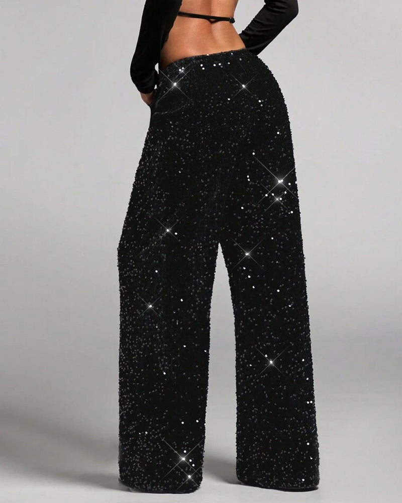 Women's Sequined Velvet Drawstring Loose Wide-Leg Straight Pants