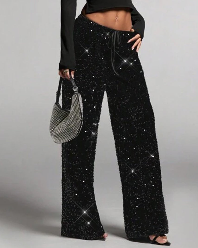 Women's Sequined Velvet Drawstring Loose Wide-Leg Straight Pants
