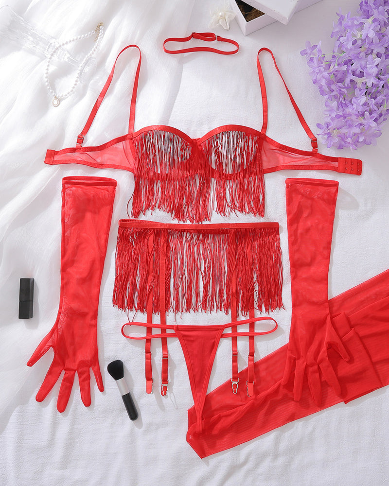 Sexy Lace See-through Tassel Hollow Underwear Set