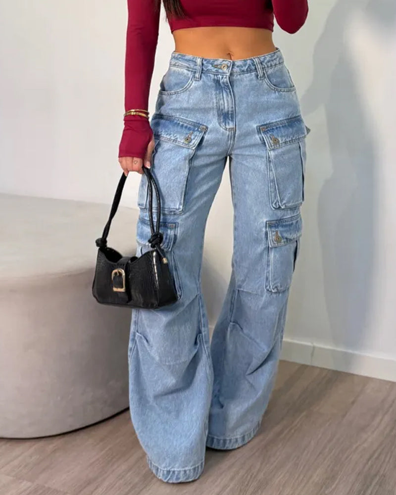 Multi-pocket Casual Loose Straight Cargo Jeans