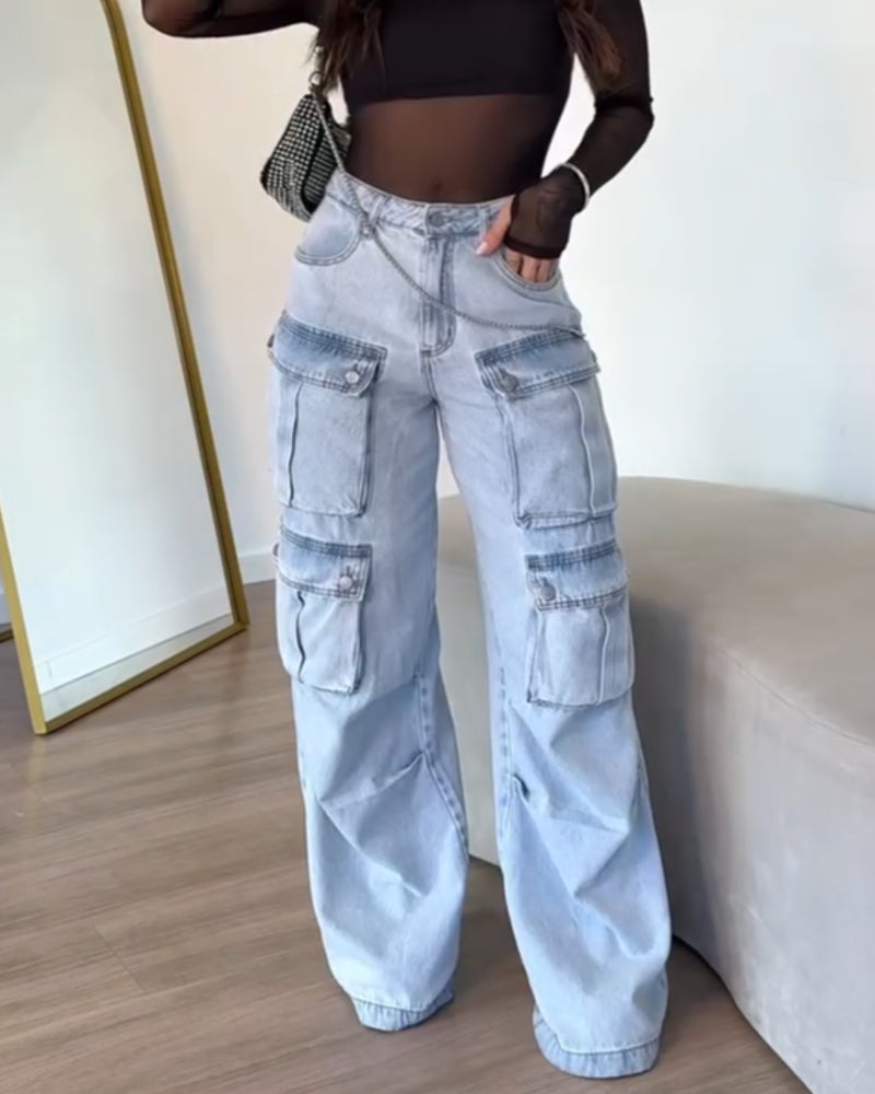 Multi-pocket Casual Loose Straight Cargo Jeans