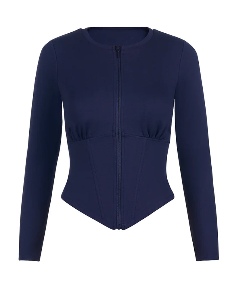 Front Zip Long Sleeve Corset Top with Drawstring Back