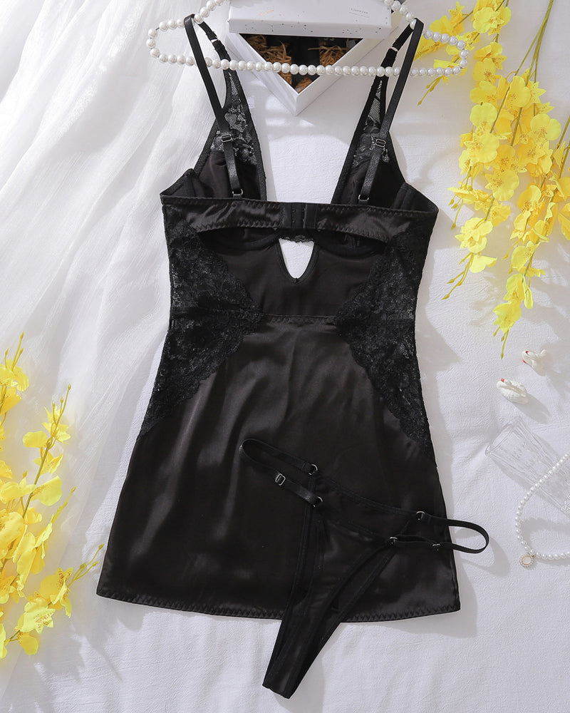 Sexy Slim-fitting Erotic Hollow Lace Splicing Nightdress