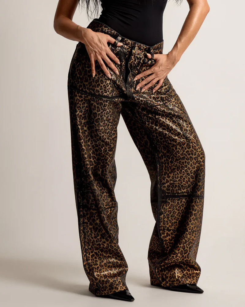 Leopard Shiny Casual Straight-leg Loose Jeans